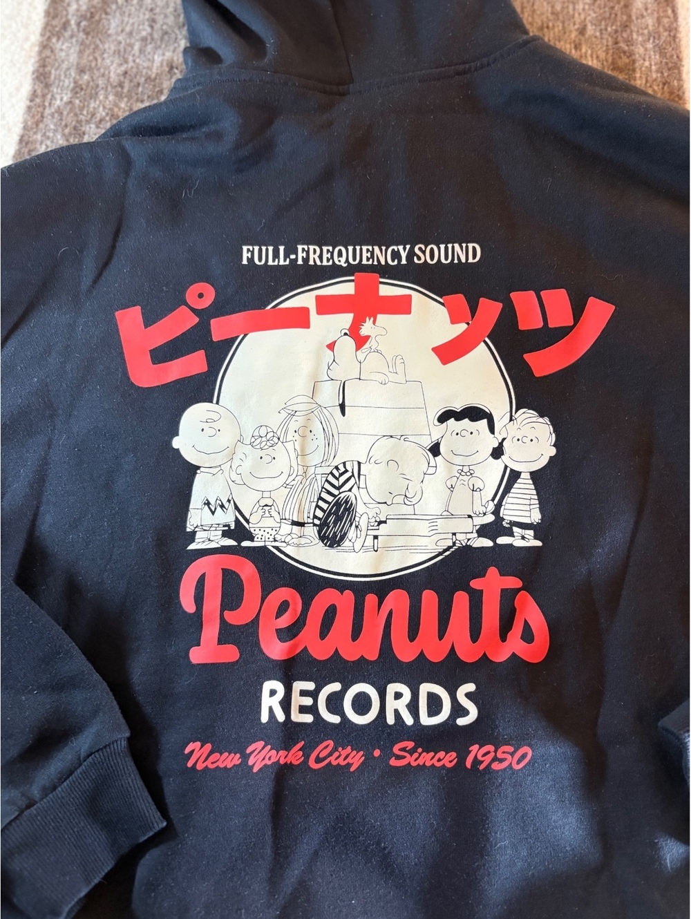 Peanuts Records Black Hoodie with Snoopy and Gang Graphic, Size M